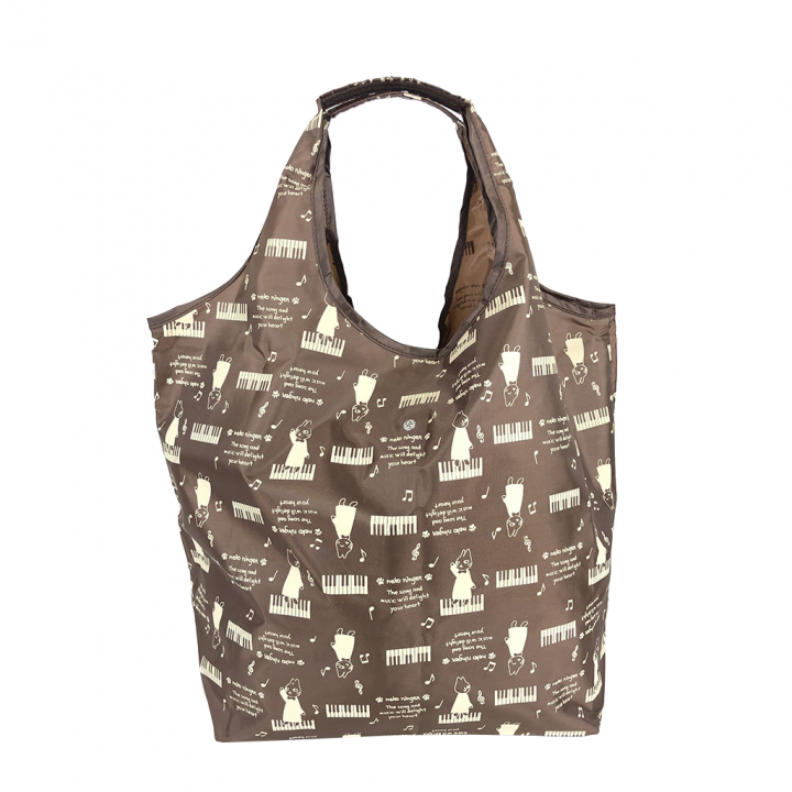 [nekoningen ネコ人間] 猫好き必見♪ コンパクト収納 エコバッグ | 猫柄 軽量 マルシェバッグ くり手 かわいい  大きめ 茶 ブラウン 4R46