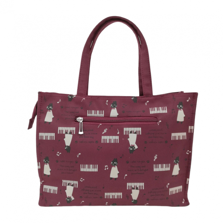 [nekoningen ネコ人間] 猫好き必見♪ 横型 手提げバッグ | かわいい 猫柄 軽量 手提げ トートバッグ A4対応 赤系 ダークレッド 4M35