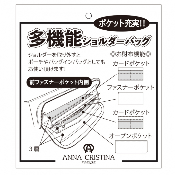 [ANNA CRISTINA アンナクリスティーナ]  モノグラム ウォレットショルダー バッグ |多機能 2WAY バッグインバッグ ポケット充実 お出かけ 通院 レディース 黒 ブラック 4A38
