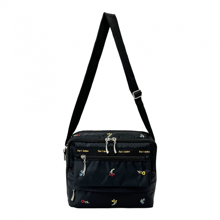 [Sofia Valentino ソフィアバレンチノ] 小花柄 刺繍 ショルダーバッグ | ボンディング素材 軽量 多収納 ななめ掛け フラップ ファスナー付 ポシェット 花柄 黒 ブラック 4792