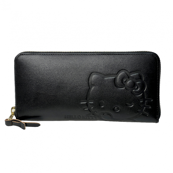  [HELLO KITTY ハローキティ] 本革 長財布| シンプル レザー ファスナー付き 財布 レディース　ウォレット 黒 ブラック 2W06