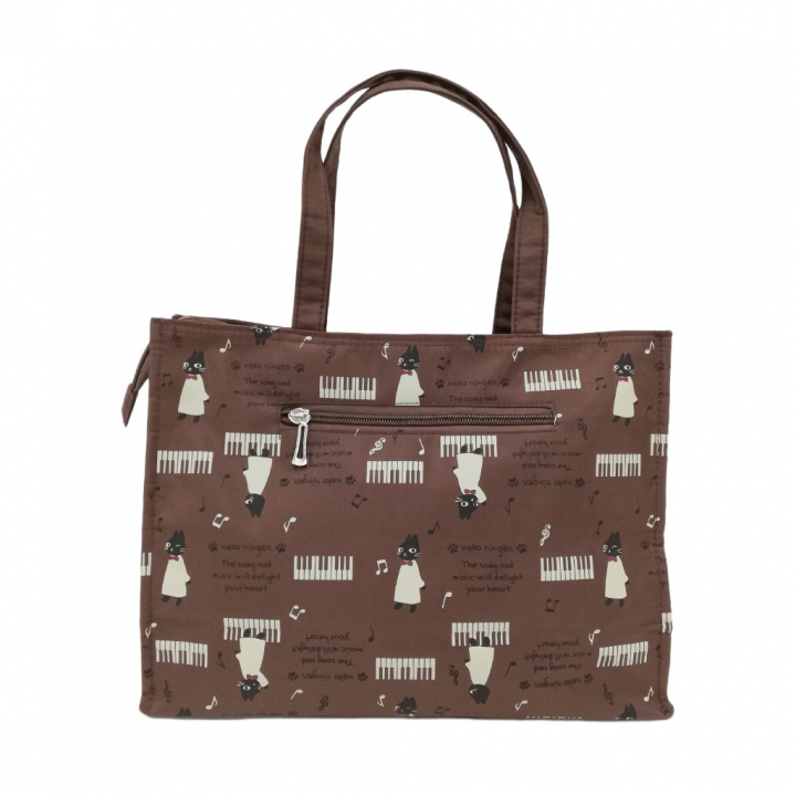 [nekoningen ネコ人間] 猫好き必見♪ 横型 手提げバッグ | かわいい 猫柄 軽量 手提げ トートバッグ A4対応 茶 ブラウン 4M35