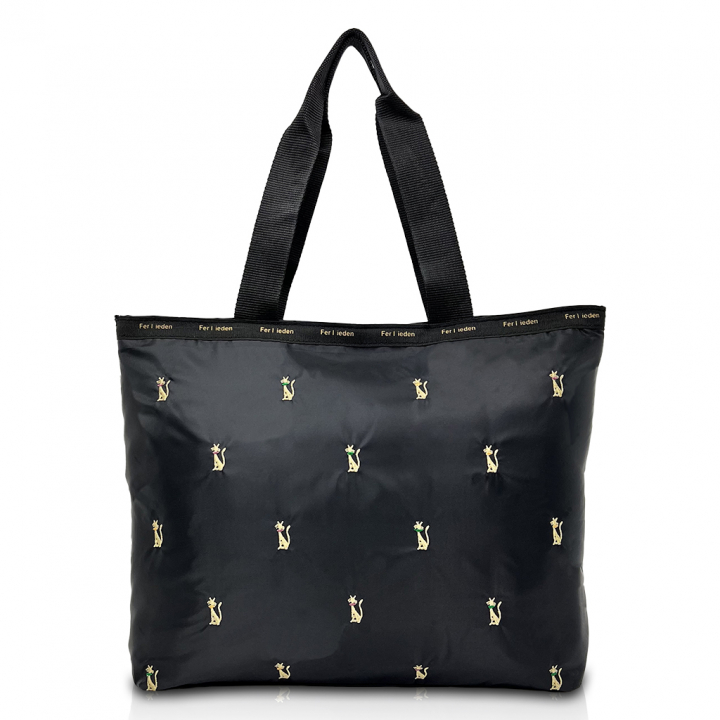 [Sofia Valentino ソフィアバレンチノ] ネコ柄 刺繍 横型トートバッグ | 軽量 ファスナー開閉 レデイース 傘ポケット 収納力 かわいい 猫 ねこ 黒 ブラック 4917