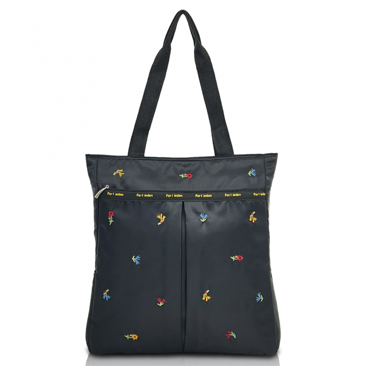 [Sofia Valentino ソフィアバレンチノ] 小花柄 刺繍 縦型トートバッグ | 軽量 ボンディング素材 開閉ファスナー 収納力抜群 かわいい 花柄 サブバッグ 黒 ブラック 4795