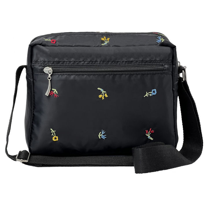 [Sofia Valentino ソフィアバレンチノ] 小花柄 刺繍 ショルダーバッグ | ボンディング素材 軽量 多収納 ななめ掛け フラップ ファスナー付 ポシェット 花柄 黒 ブラック 4792