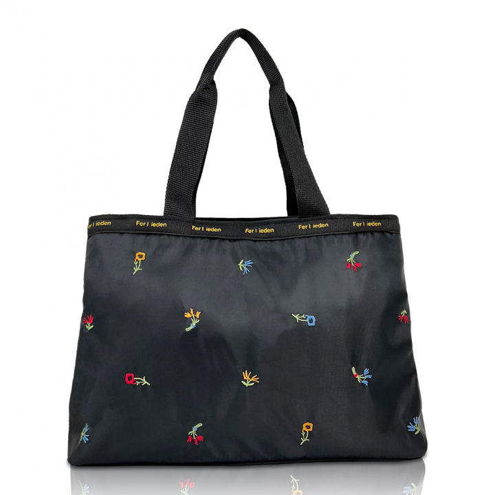 [Sofia Valentino ソフィアバレンチノ] 小花柄 刺繍 3層トートバッグ  | 軽量 ボンディング素材 手提げバッグ 収納力抜群 かわいい レディース 花柄 黒 ブラック 4799