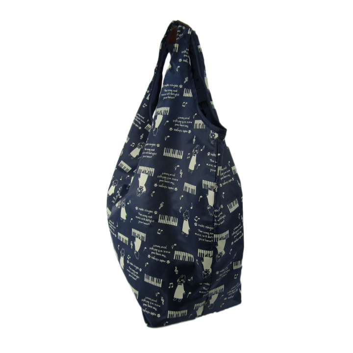 [nekoningen ネコ人間] 猫好き必見♪ コンパクト収納 エコバッグ | 猫柄 軽量 マルシェバッグ くり手 かわいい  大きめ 紺 ネイビー 4R46