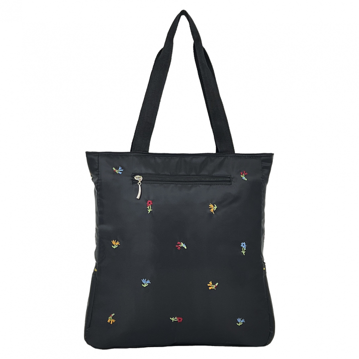 [Sofia Valentino ソフィアバレンチノ] 小花柄 刺繍 縦型トートバッグ | 軽量 ボンディング素材 開閉ファスナー 収納力抜群 かわいい 花柄 サブバッグ 黒 ブラック 4795